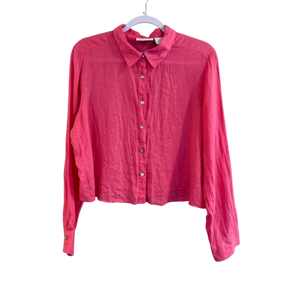 Cynthia Rowley Button Down Women Large Pink Linen Cropped Long Sleeve Shirt